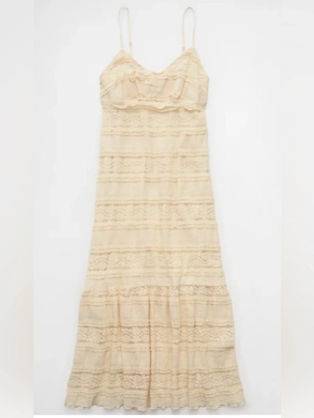 NWT American Eagle ($84.95Cad) Cream Lace V-Neck Tiered Midi to Maxi Dress - Picture 4 of 7
